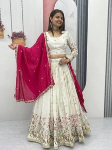 Lehenga choli เทศกาลที่มีคุณภาพสูงกับลำดับการเย็บปักถักร้อยหนักและชุดเดรส dupatta ทำงานด้ายมีสไตล์ - Product Image 3