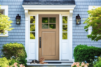 Fenêtre en verre transparent moderne Hemlock 5 Lite Porte extérieure d'entrée Porte pivotante avec deux feux latéraux pour la maison
