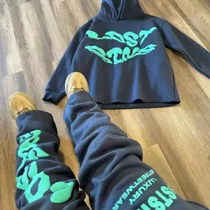 YIJIN Manufacturer Heavyweight Cotton Hoodies Unisex 3d Puff Print Hoodie And Sweatpants Set Men 2 Pieces Fleece Tracksuits For Men