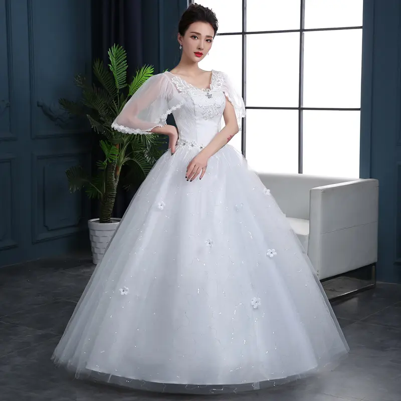 Precio al por mayor vestido de bola ilusión escote corazón con cuentas estampado de flores vestido de novia blanco vestido de novia