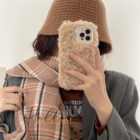 Coque de téléphone en peluche couleur unie style INS avec support de téléphone, compatible avec les modèles 11/12/13/16/17 Pro Max, design maquillage pour femme