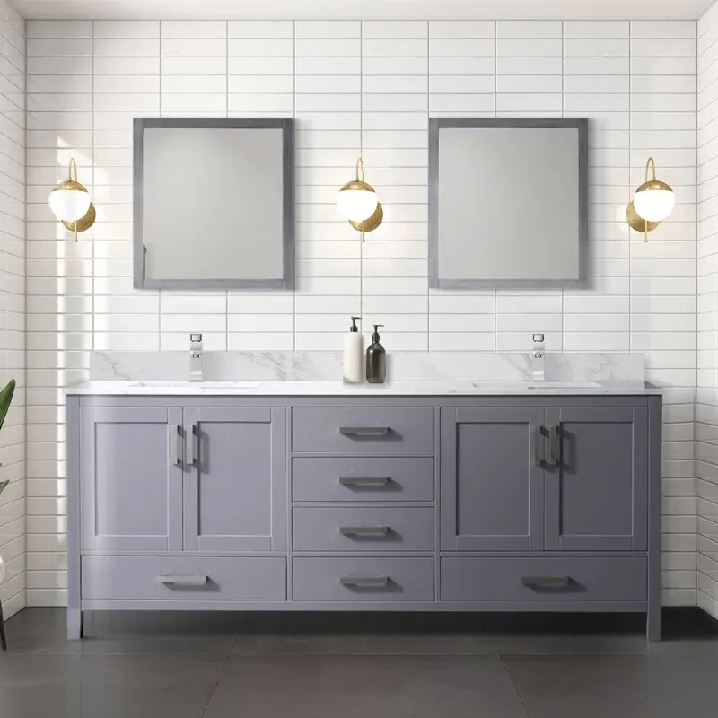 Mobile da bagno moderno in legno grigio da 60 pollici di alta qualità con piano in marmo bianco di Carrara doppio mobile da bagno