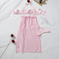 Sexy doorschijnende mesh bikiniset 3-delig met bloemenrozet, geruite bh, slip en sarong met strik aan de zijkant, strandkleding, lingerie, badpak
