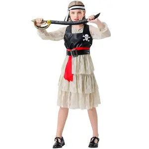 奢华儿童女孩海盗化装服装海盗公主裙配人造革背心万圣节派对角色扮演服装