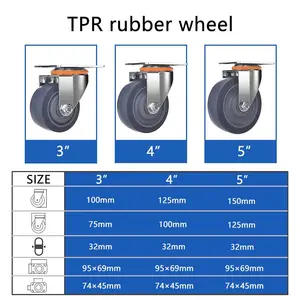 열가소성 고무 높은 적재 능력 회색 TPR 플라스틱 핵심 피마자 바퀴 3 인치 4 인치 5 인치