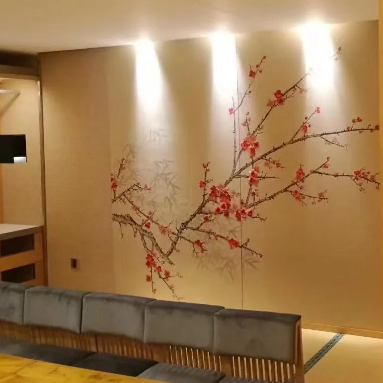 Zhenling sang trọng chinoiserie màu đỏ thêu mận Vẽ tay hình nền cho khách sạn trang trí tường