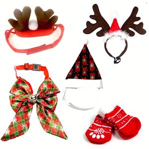 Nouvelles tenues de Noël en polyester pour animaux de compagnie, accessoires de fête pour chats et chiens avec nœuds papillon à carreaux, écharpes et chapeaux – Fabricant direct - Product Image 1