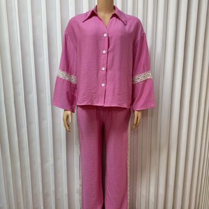 Dames Loungewear Set met Kantversiering, Knoopsluiting, Bell Sleeve Top + Wijde Broek, Casual Huispak, 2-delig, Sehe Fashion - Product Image 3