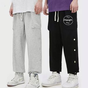 Venta al por mayor pantalones de correr en blanco logotipo personalizado moda deporte Streetwear alta calidad polar bolsillo botón pantalones de chándal de pierna recta hombres - Product Image 5