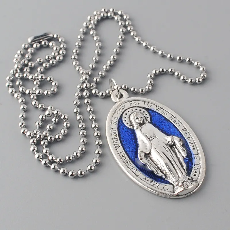 Wholesale Rosaries Virgin Mary with Blue Enamel Pendant with Stainless Steel Chain Rosary Necklace