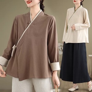 Chinese Style Diagonal Placket Cotton Linen Shirt Women Loose Zen Tea Dress Natural Hemp Green Coffee Color Daily Wear - Product Image 3