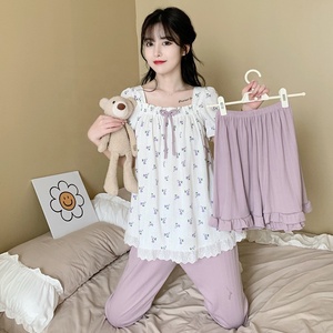 Conjunto de Pijamas de Verano <span class=keywords><strong>para</strong></span> Mujer de Tres Piezas, Camiseta de Manga Corta, Pantalones Cortos y Largos, <span class=keywords><strong>Ropa</strong></span> de Dormir <span class=keywords><strong>para</strong></span> Chicas - Product Image 3