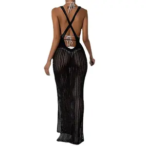 Best Selling Summer New Knitted Hollow Backless Dress Sexy Slit Sunscreen Blouse Beach Skirt