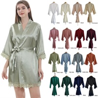 16 colores en stock, bata de satén de seda tipo kimono para mujer, talla grande, cuello en V, con encaje, para boda, dama de honor, largo hasta la rodilla