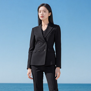 Women's Double Breasted Suit Jacket Black <b>Wool</b> Blend Anti Wrinkle Business Formal Wear For Office Commute - Product Image 1