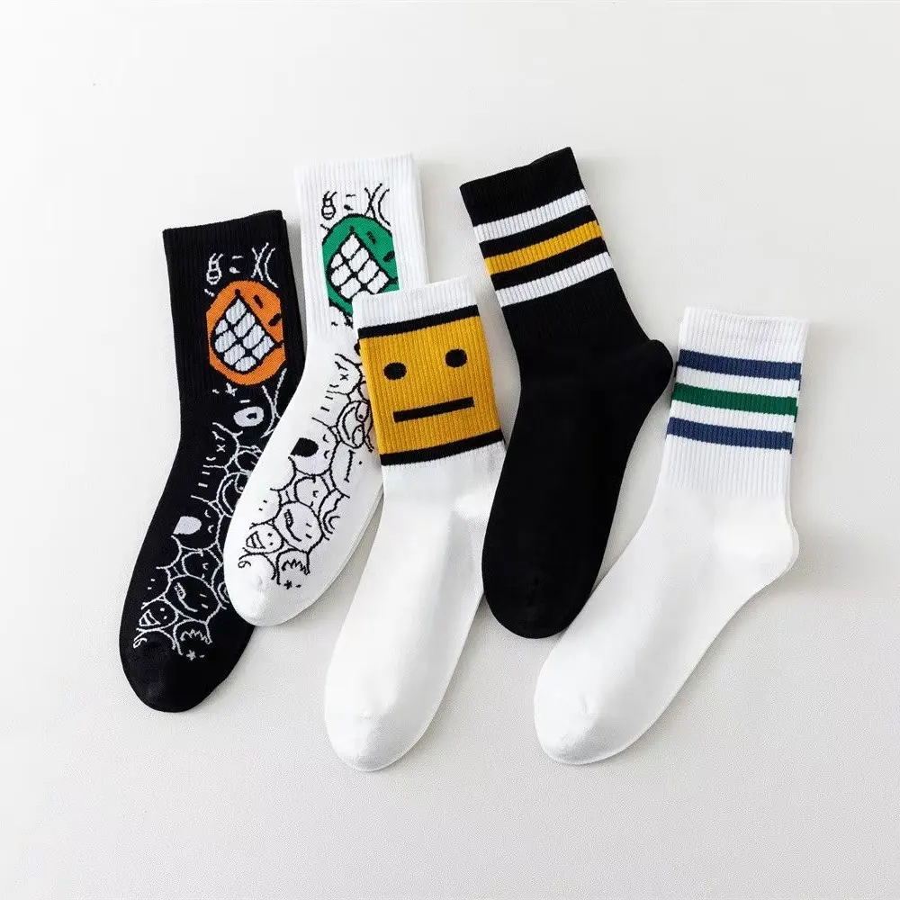 Calcetines de algodón a rayas con cara feliz para hombre, calcetín informal personalizado