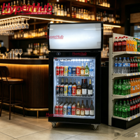 Réfrigérateur de comptoir avec éclairage incurvé, étagères LED, roues verrouillables, couleur personnalisée pour magasin, bar, économie d'énergie