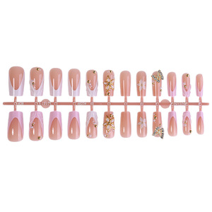 Ongles longs de style français personnalisés, luxueux, rose nude, dorés, en ABS pressé, 24 pièces, avec perles 3D pour le nail art des doigts - Product Image 3