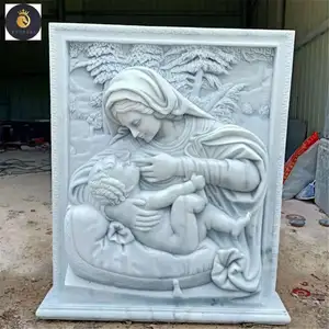 Santísima Virgen María con el niño Jesús Escultura en relieve de pared de mármol blanco tallado