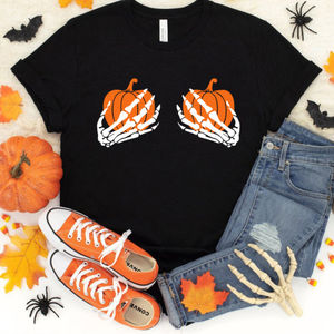 <strong>Women</strong> T Shirt <strong>Halloween</strong> Pumpkin Boob <strong>Womens</strong> Skeleton Hand Print Short Sleeve O Neck Loose <strong>Tshirt</strong> Ladies Fashion Clothes - Product Image 1