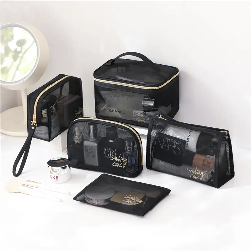 Yile High Quality Promotional Black Pvc Mesh Offices Travel Storage Toiletry Makeup Cosmetic Pouch Bags