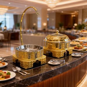 ถาดอุ่นอาหารสแตนเลสสีทอง 8 ลิตร ทรงกลม สำหรับบุฟเฟ่ต์ ใช้ในโรงแรมและร้านอาหาร - Product Image 2