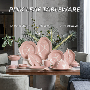 <b>Light</b> Pink <b>Leaf</b> Pattern Korean Ceramic Tableware Set Petal-Shaped Bowl Plate Luxury Lightweight Home Microwave Safe Utensils Kit - Product Image 2