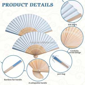 Éventail pliant en bambou en tissu imitation soie bleu, idéal pour les mariages, les fêtes, les cadeaux de naissance, avec sacs cadeaux - Product Image 3