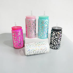 Decalcomania avvolgente in vinile bicchiere in vetro leopardato riciclabile da 16 once con coperchio e cannucce bicchieri per bere shinny con stampa leopardata ghepardo - Product Image 5