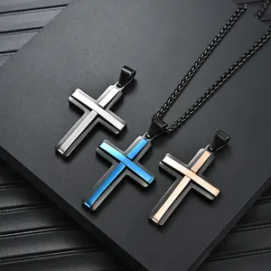 新款大气时尚不锈钢十字架吊坠项链大魅力银蓝色玫瑰金宗教十字架项链