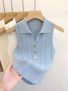 <span class=keywords><strong>Gilet</strong></span> tricoté à col polo pour <span class=keywords><strong>femme</strong></span>, haut <span class=keywords><strong>sans</strong></span> manches ajusté pour l'automne, chemise de base - Product Image 2
