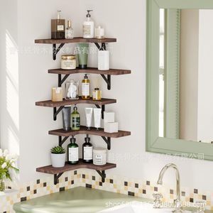 Estante de esquina de madera de 5 niveles para montaje en pared, estante de almacenamiento para baño con soporte de hierro, diseño duradero - Product Image 1