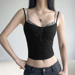 Sexy Clubwear Colorblock Gingham Patchwork <b>Camisole</b> <b>Top</b> Women Faux Two Piece Ruched Button Front Spaghetti Strap Crop <b>Top</b> - Product Image 4