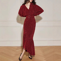 Robe décontractée rouge en crêpe à manches longues et col en V avec fente, sexy et élégante, pour femme, idéale comme cadeau de Noël pour la fête des Mères