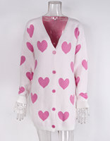 Pull de Saint-Valentin pour femmes Cardigan Heart Jacquard Knitwear Long Coat V Neck Single Button Design