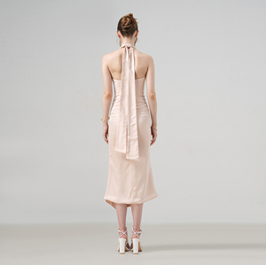 Robe de soirée ODM pour femmes silhouette droite longueur de thé taille tombante robes de soirée design fendues de qualité supérieure à licou beige du Vietnam - Product Image 4