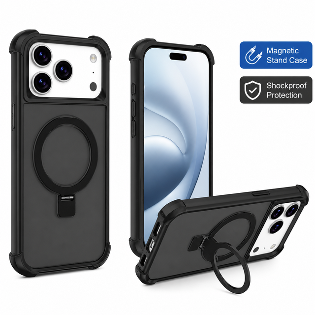 Shockproof Magnetic Kickstand Phone Case for iPhone 17 16 15 14 13 12 Pro Max PC Hard Back Cover with Camera Protection