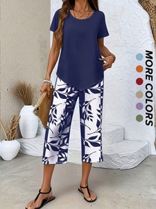 Elegante Conjunto Deportivo <span class=keywords><strong>de</strong></span> Verano para Mujer, Dos Piezas, Estampado <span class=keywords><strong>de</strong></span> Hojas Vintage, Culottes <span class=keywords><strong>de</strong></span> Cintura Alta y Blusa Holgada Asimétrica, Ropa Urbana - Product Image 6