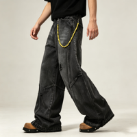 Jean en denim oversize pour homme, noir délavé, coupe ample, jambe large, déchiré, effet vieilli, style Hip Hop Streetwear, vente en gros OEM