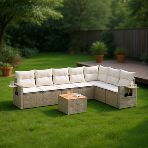 Conjunto de Sofás de Jardín de Ratán Beige, 6 Plazas, Muebles de Exterior Contemporáneos Resistentes a la Intemperie - Product Image 2