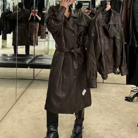 5199-1 Women's Fashion New Zealand Bubble Leather Retro European and American Style Motorcycle Oversized Windbreaker  Coat