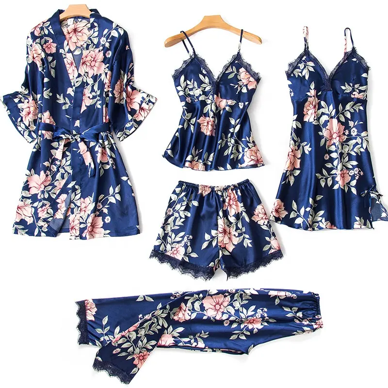 Frauen benutzer definierte Blumen gedruckt sexy Bade mäntel 5 Stück Sets Home Wear Short Set Long Set Pyjamas Nachtwäsche