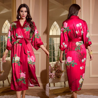 Nuevo Bata de Noche Larga Estampada de Seda Helada Tallas Grandes 2026 para Mujer, Kimono Suave y Elegante, Ropa de Dormir
