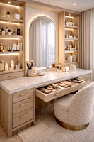 Table de maquillage moderne de luxe avec miroir arqué LED, bureau de coiffeuse personnalisé pour chambre à coucher avec tiroirs de rangement et armoire en verre