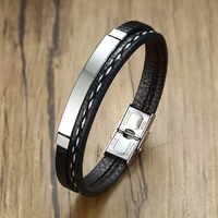 Bracelet en cuir tressé tendance pour homme, bracelet en acier inoxydable contrasté, bijoux de mode