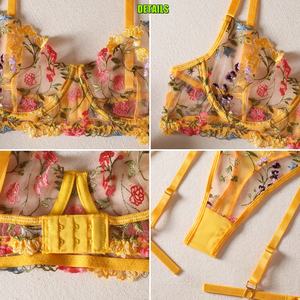 Ensemble de lingerie sexy en dentelle pour femme, broderie florale, soutien-gorge + culotte string + chaussettes, 4 pièces, lingerie ultra-fine pour femme - Product Image 3