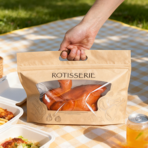 Laminierte Verpackungstüten für Brathähnchen mit Sichtfenster und Seitenreißverschluss für Rotisserie-Grillhähnchen, Biologisch Abbaubare Hähnchenverpackungsbeutel - Product Image 3