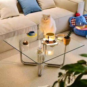 Tavolino da Caffè <span class=keywords><strong>in</strong></span> <span class=keywords><strong>Vetro</strong></span> <span class=keywords><strong>Temperato</strong></span> Stile Bauhaus Antico con Struttura <span class=keywords><strong>in</strong></span> Acciaio Inossidabile, Design Quadrato per Soggiorno - Product Image 1