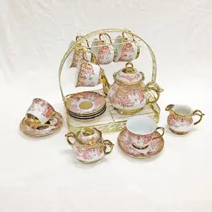 Conjunto de café da china com osso delicado, conjunto de 15 peças de copo de café, chaleira de chá, molhador, vintage europeu