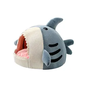 Dog Bed & Cat Bed Cartoon Shark Shape Cat Nest Big Mouth Thick Cute Animal Warm Rest and Sleep Semi-Closed Pet Mini House
